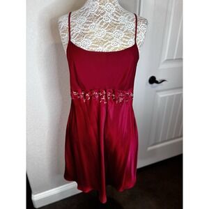 Vintage Delicates Siren Red Satin Slip Dress & Robe Lingerie Floral Embroidery L